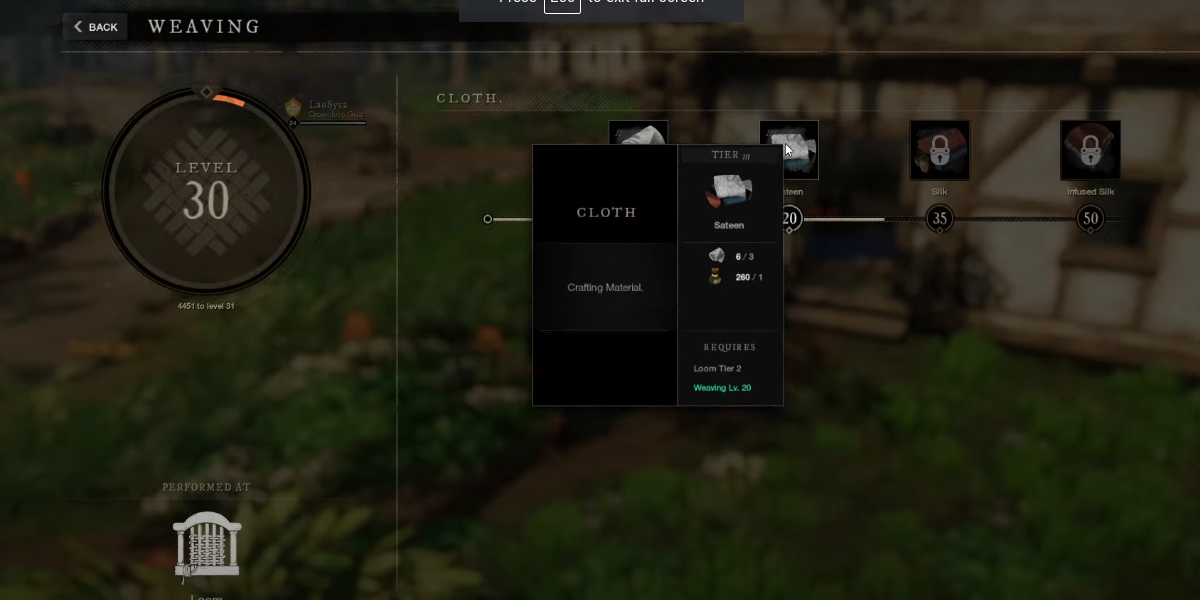 player looking at how to make sateen in a menu.