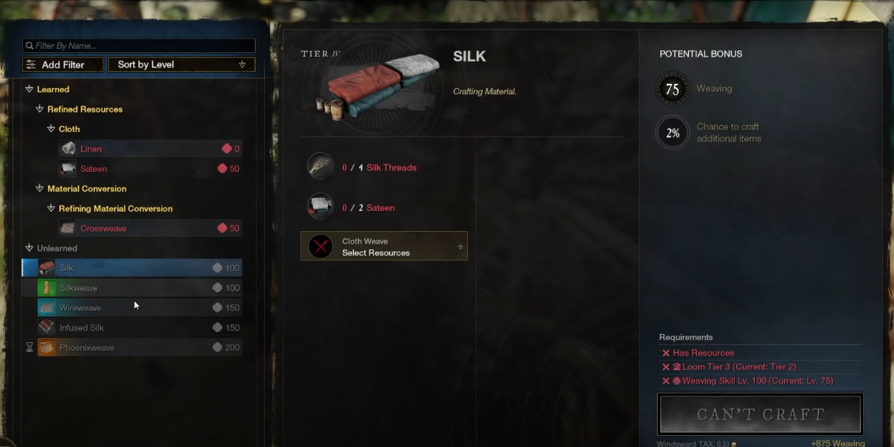 player looking at the crafting component requirements for silk.