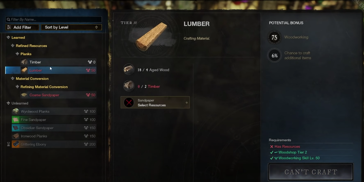 player looking at lumber in the crafting menu.