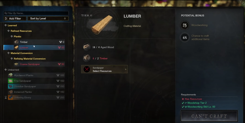 player looking at lumber in the crafting menu.