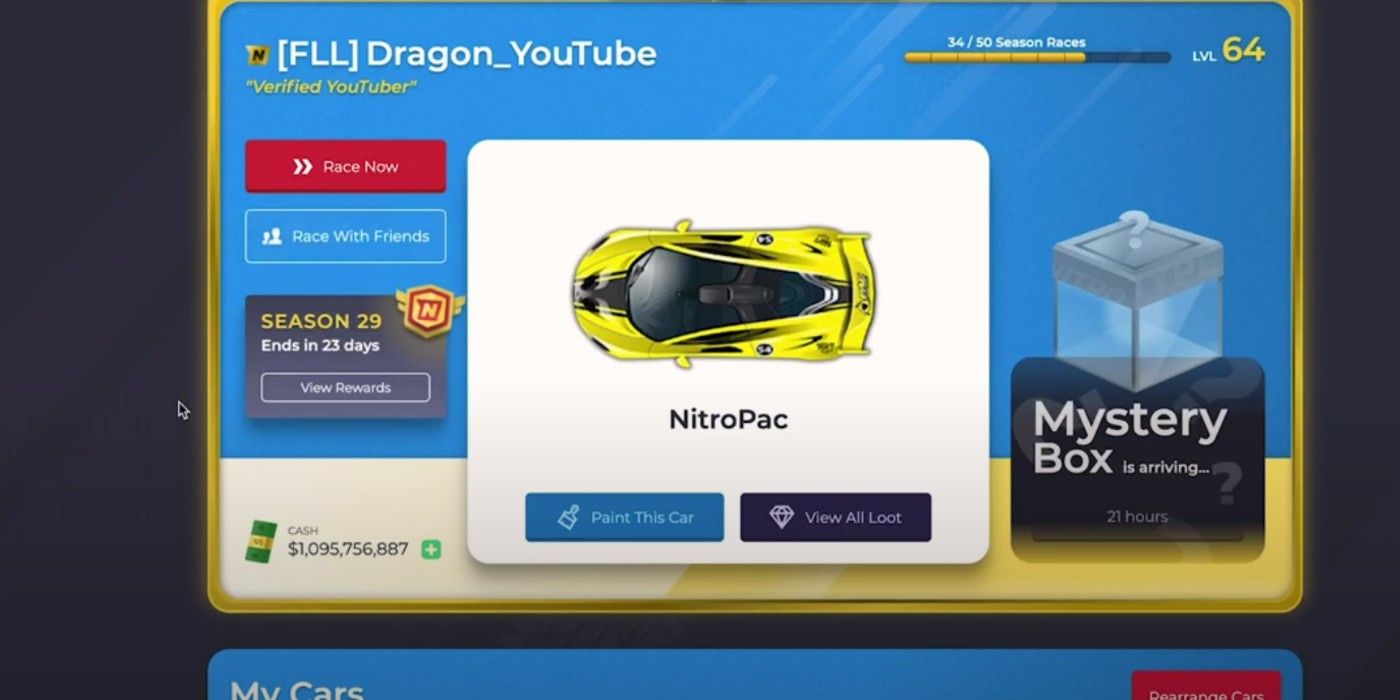 Car rewards page, Nitro Type