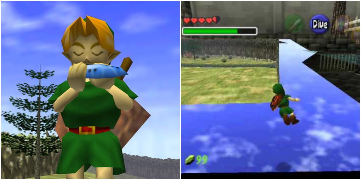 (Left) Link playing his ocarina (Right) ocarina of time game glitch