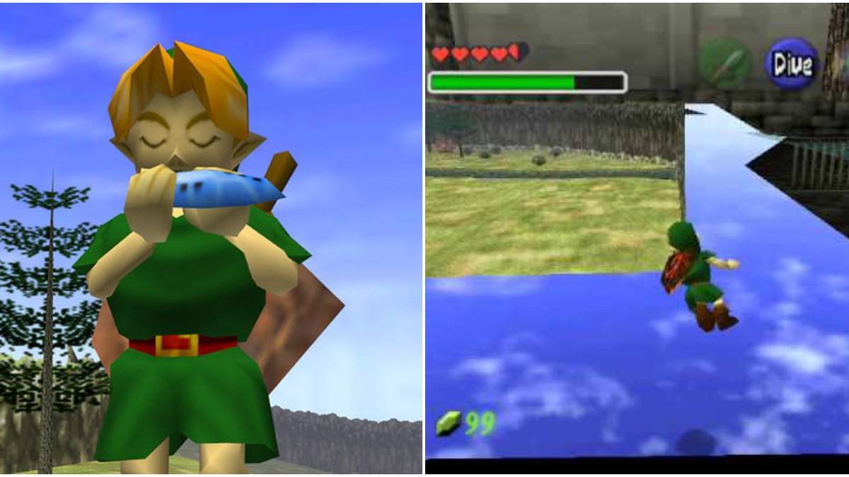 (Left) Link playing his ocarina (Right) ocarina of time game glitch