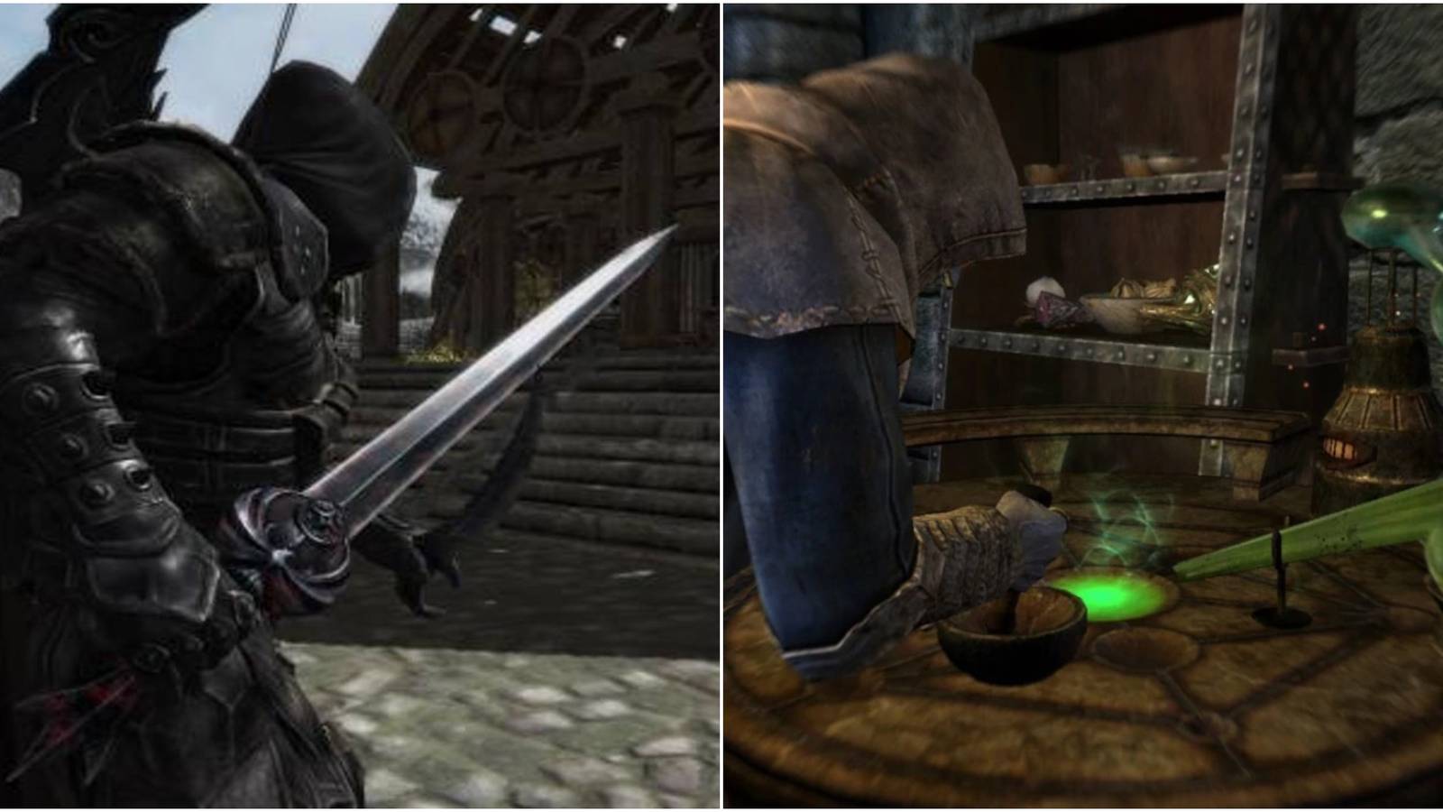 Player holding a sword (left); player doing alchemy (right)