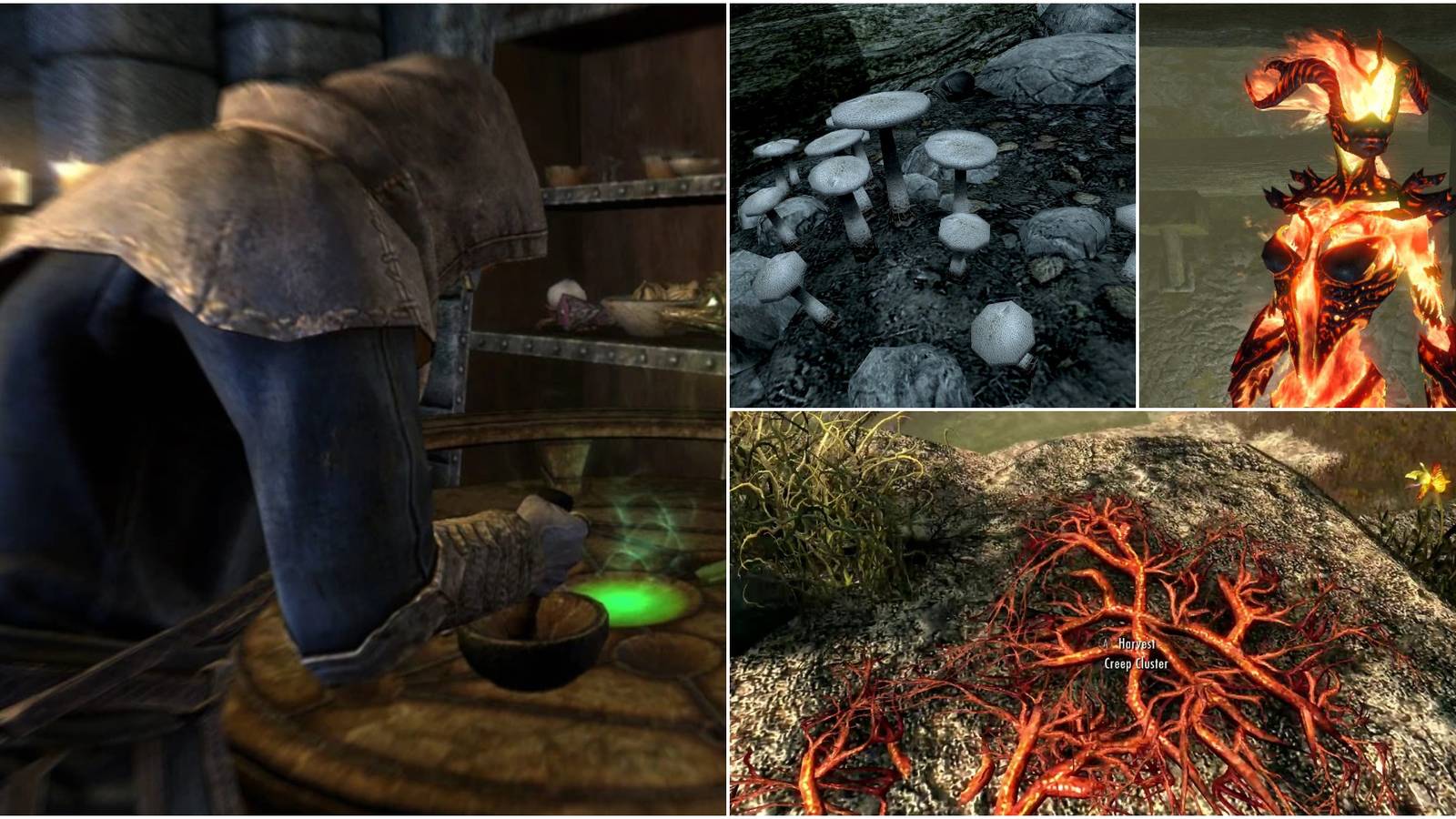 left: player at alchemy table; right: alchemy ingredients