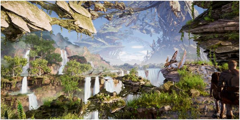 People walking in Ark II world jungle dinosaur landscape