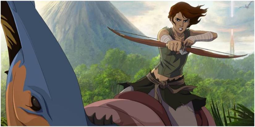 Helena Walker Ark The Animated Series with a bow and arrow riding a dinosaur