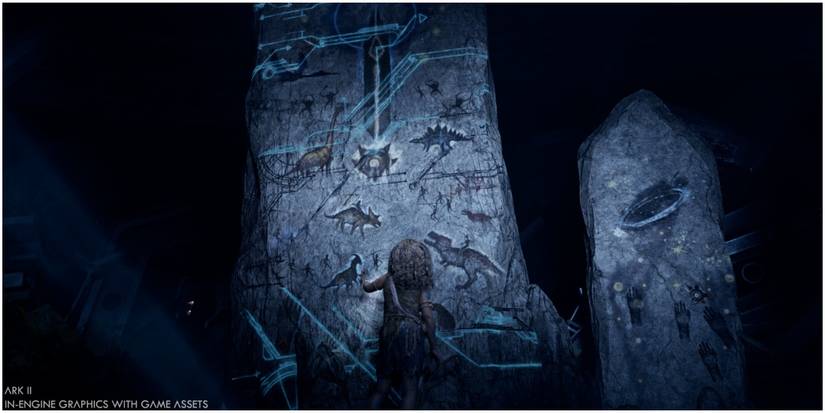 Girl in front of a rock with carvings on it ARK II