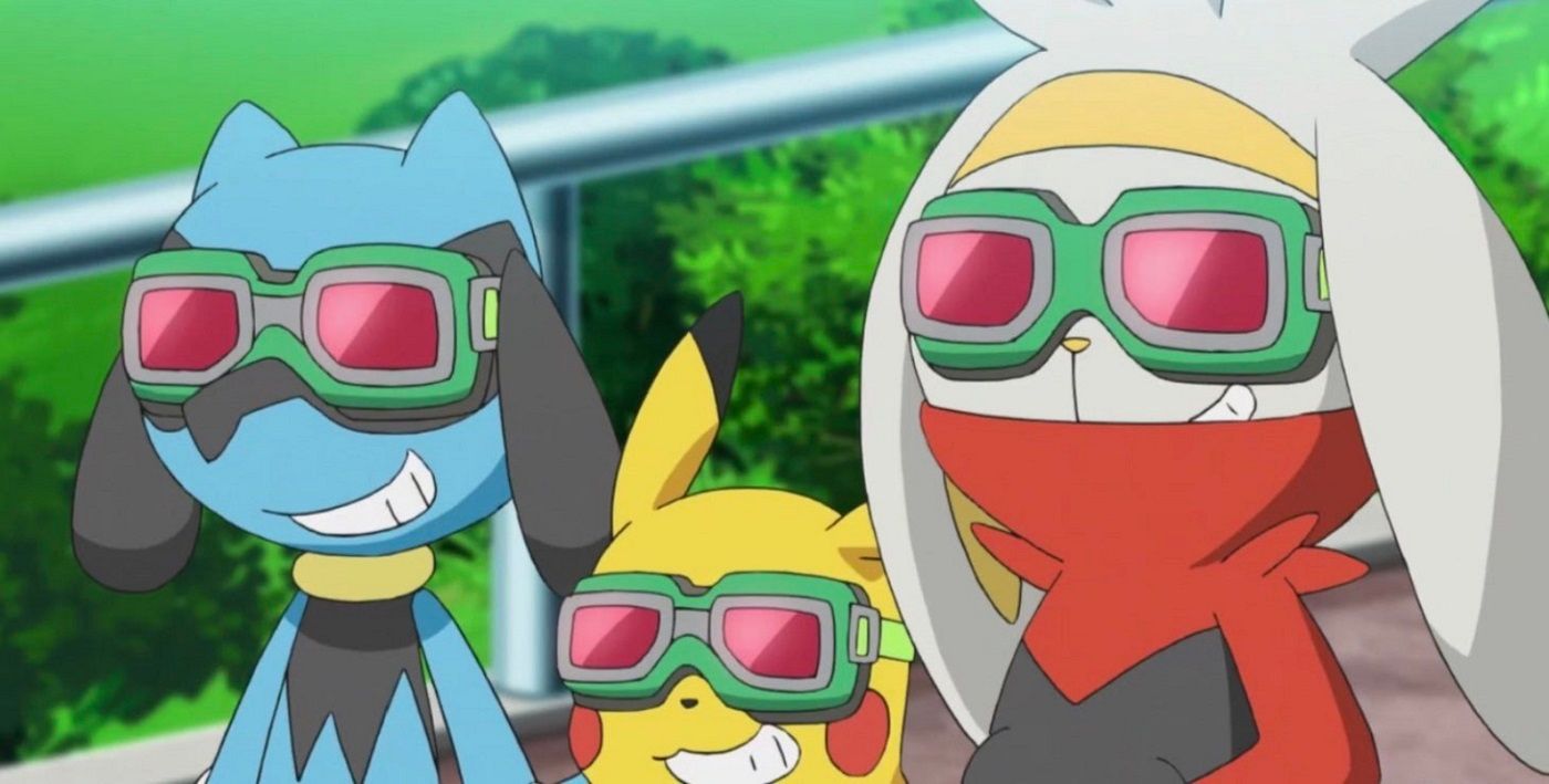 Pikachu, Riolu & Raboot wearing goggles in the anime