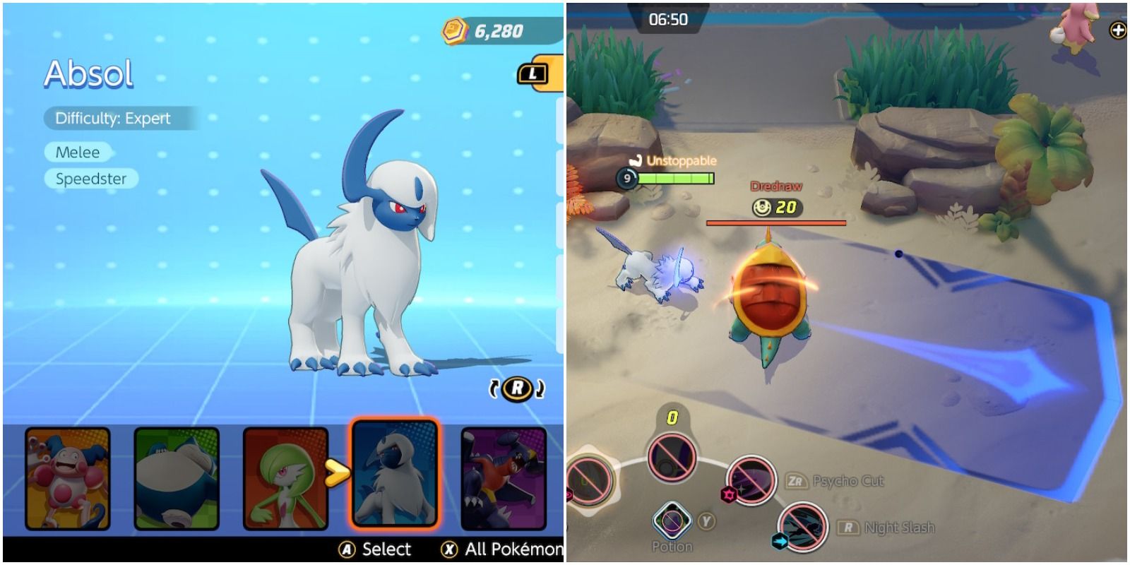 absol in blue menu screen and using its unite move against a wild pokemon.