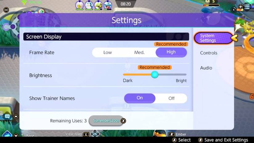 Pokemon Unite settings menu