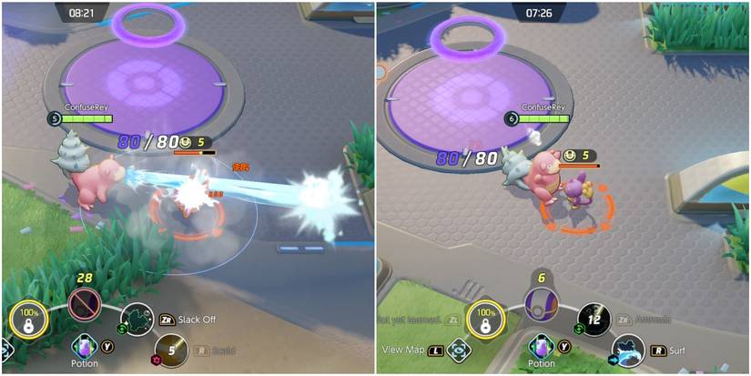 slowbro using a strong ranged attack and a defensive buff.