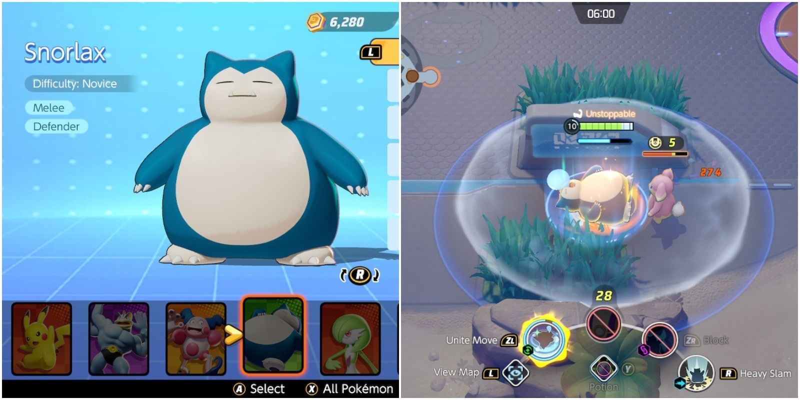 snorlax in the character select menu and using their unite move in battle.