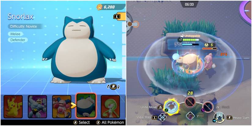snorlax in the character select menu and using their unite move in battle.