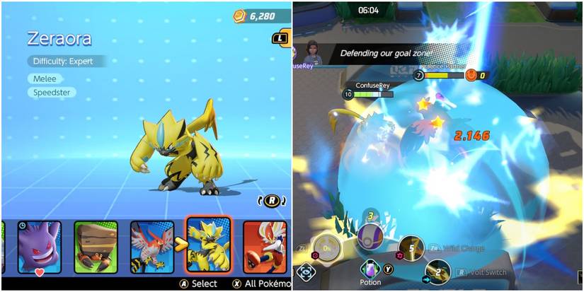 zeraora in blue menu screen and using its unite move to shock foes in battle.