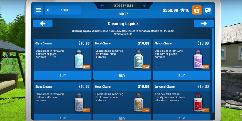 shop menu on the player's in-game tablet.