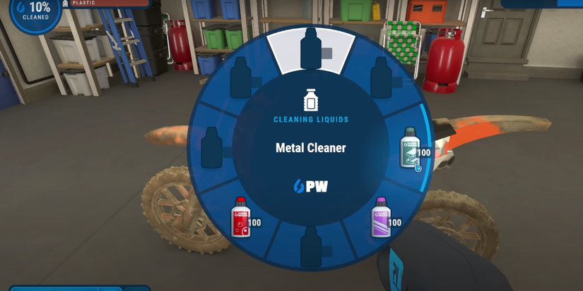 player selecting a cleaning fluid in a circular blue menu.