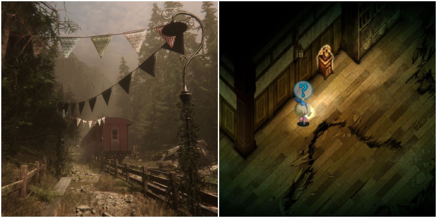 (Left) an abandoned train track (Right) a character with a question mark above her head