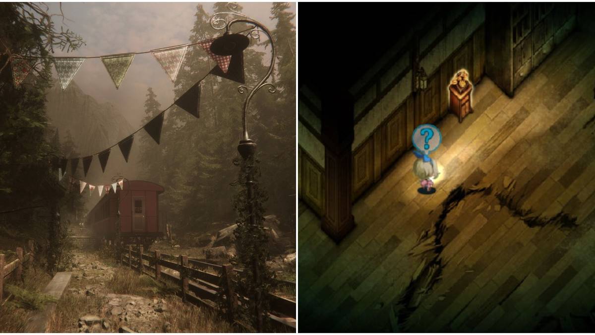 (Left) an abandoned train track (Right) a character with a question mark above her head