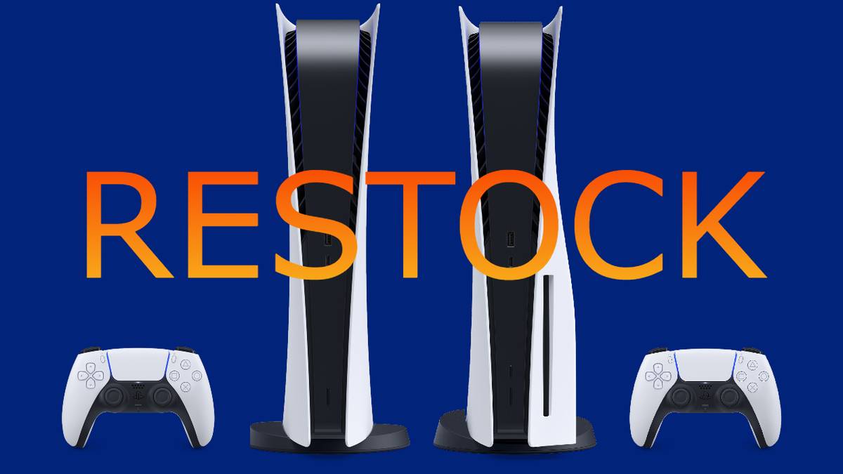 imager of ps5 consoles on blue background with restock printed across feature