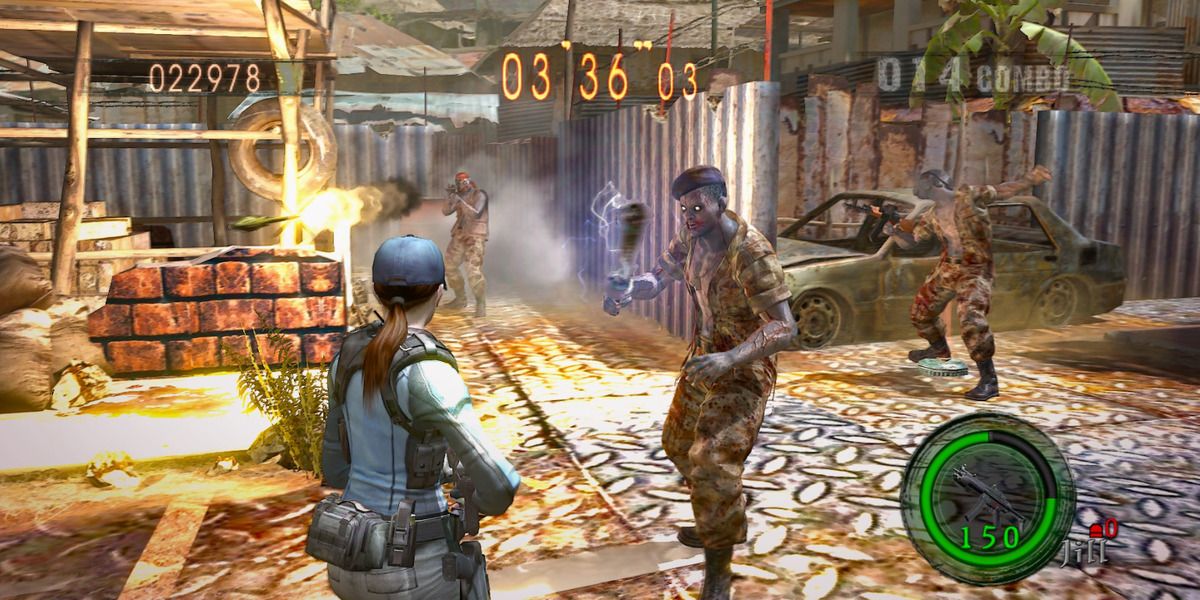 Jill Valentine facing three enemies while one fires a rocket