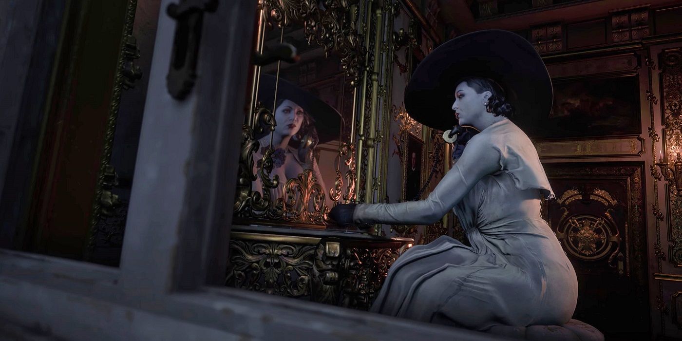 A screenshot from Resident Evil Village which shows Lady Dimitrescu through a window on the phone.