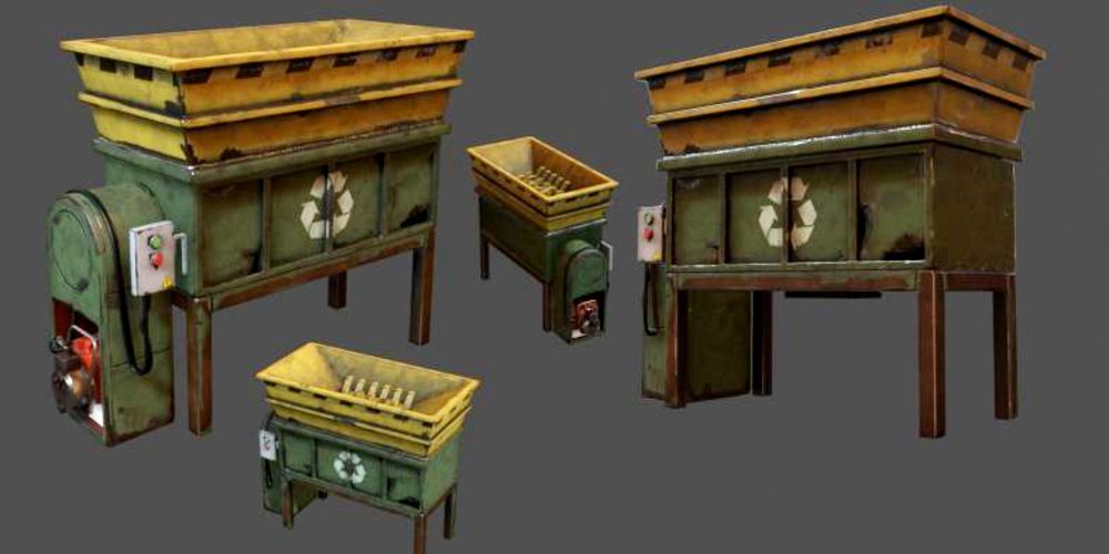 concept art of the recycler from different angles.