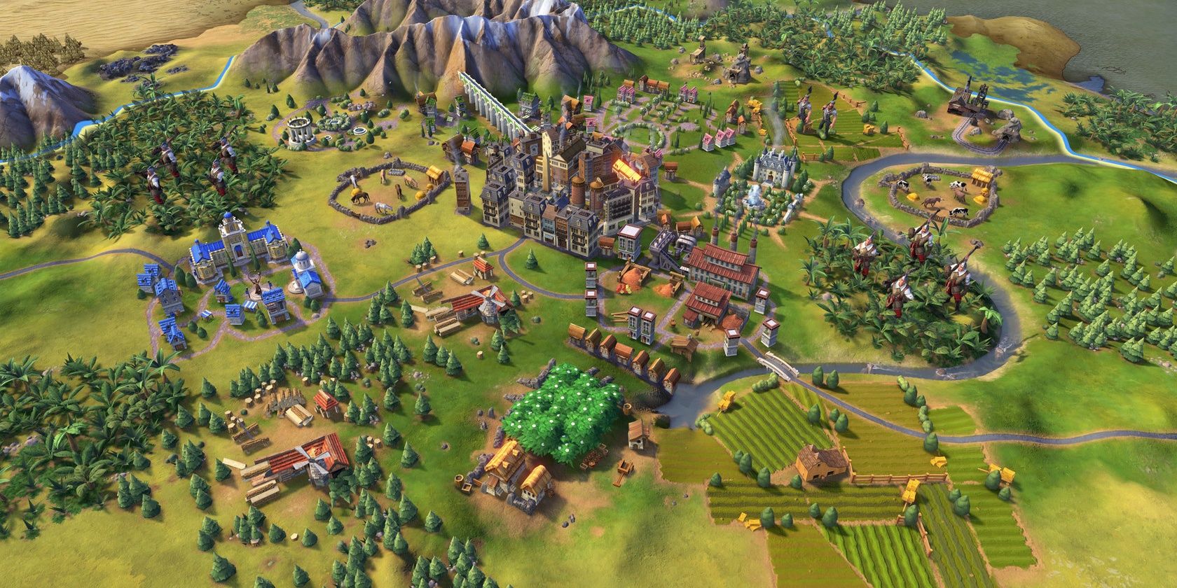 An expanded settlement with districts in Civilization VI