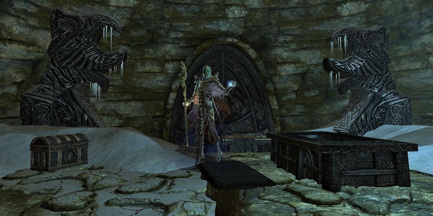 Screenshot from Skyrim showing the Dragon Priest in Forelhost.