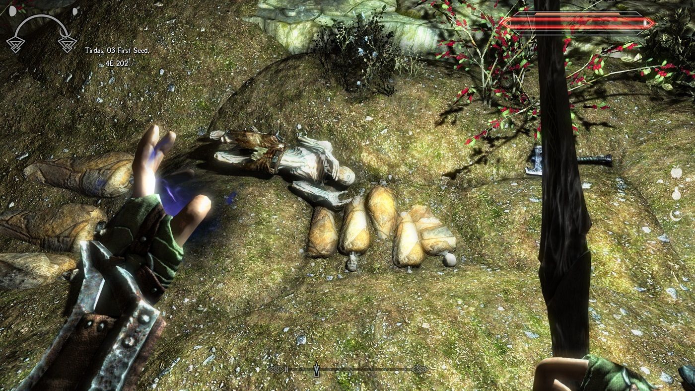 Screenshot from Skyrim showing mummified child corpses in Forelhost.