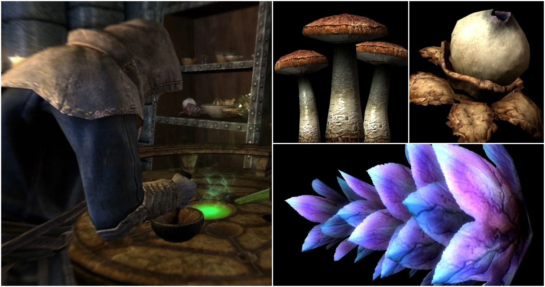 Left: player performing alchemy; right: several alchemical ingredients