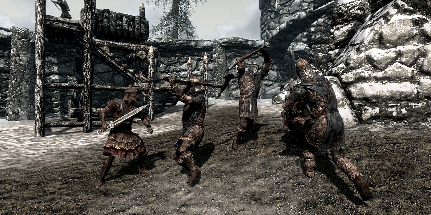 Screenshot from The Elder Scrolls 5: Skyrim showing Stromcloaks fighting.
