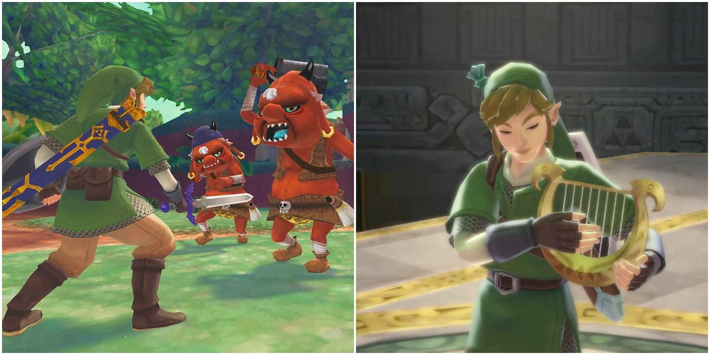 (Left) Link fighting enemies (Right) Link playing a harp