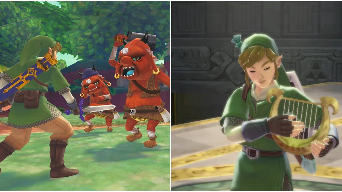 (Left) Link fighting enemies (Right) Link playing a harp