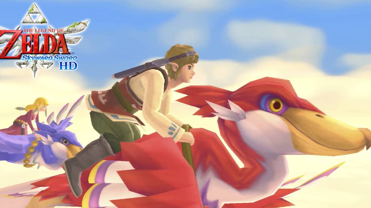 skyward sword link and zelda on loftwings with logo feature