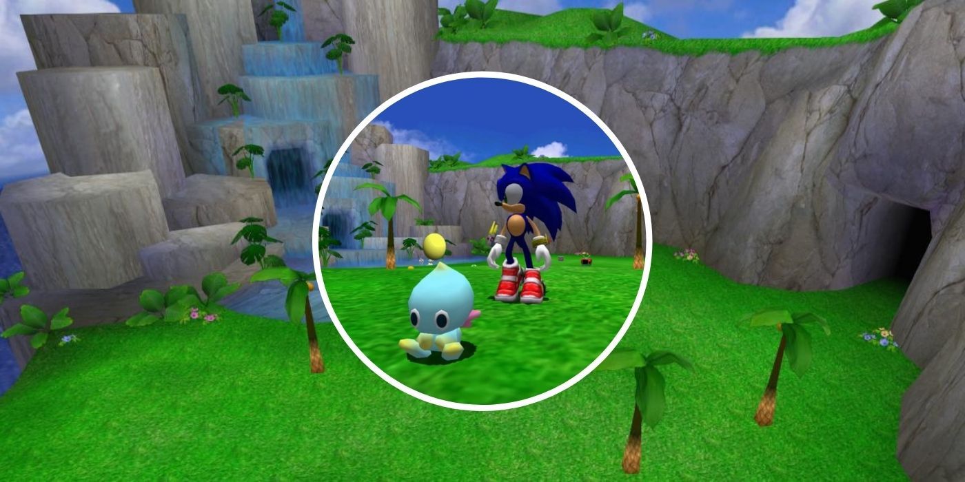 garden with sonic taking care of small chao creature