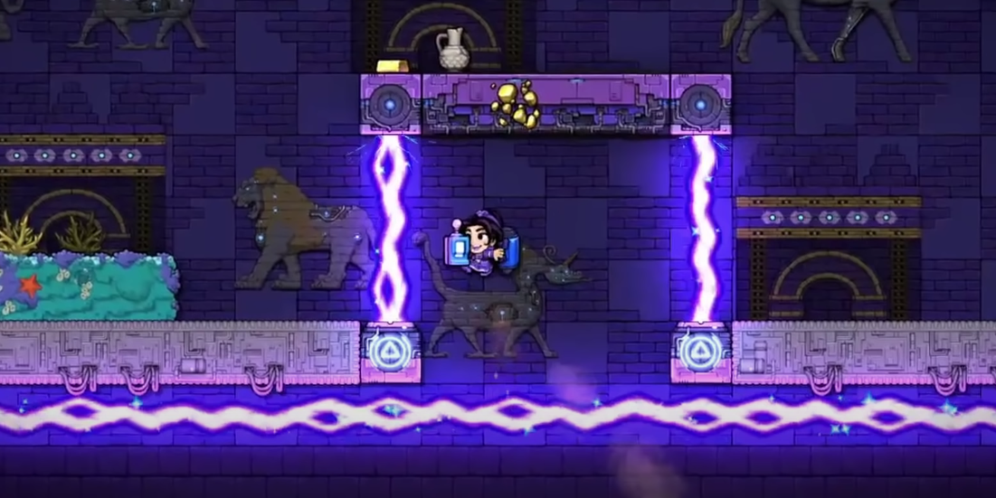 player flying around lightning.
