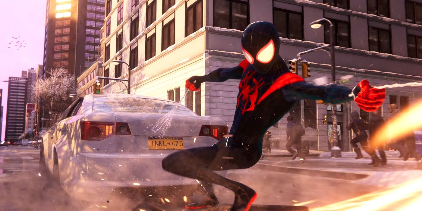 spider-man miles morales spider-verse suit car chase