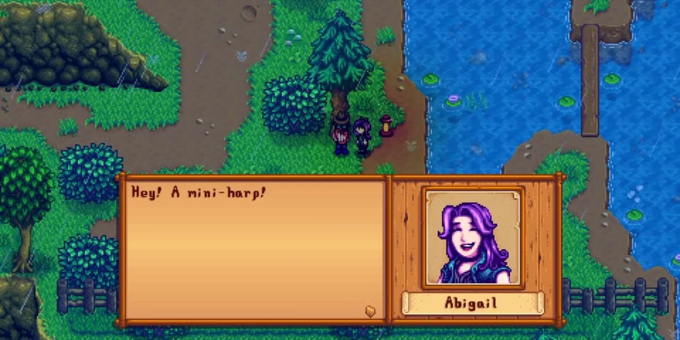 pixel art - stardew valley a rainy woodland scene with a dialogue box from abigail saying 'Hey! A mini-harp!'