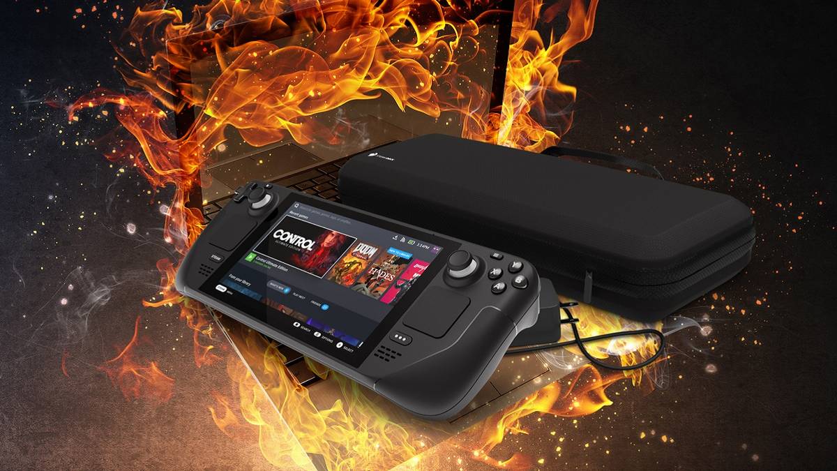 A picture of a Steam Deck and a Steam laptop with action fire.