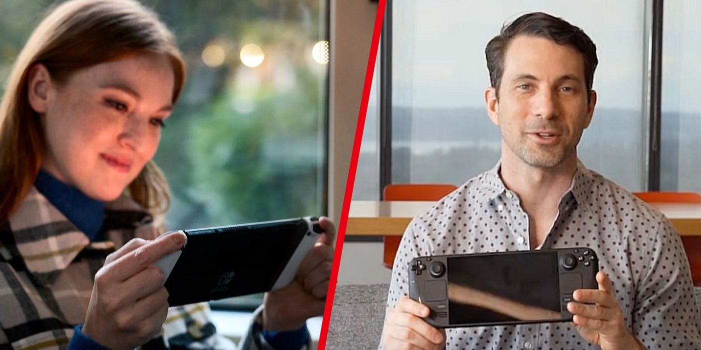 A picture showing a woman playing a Nintendo Switch on the left and a man playing the Steam Deck on the right.
