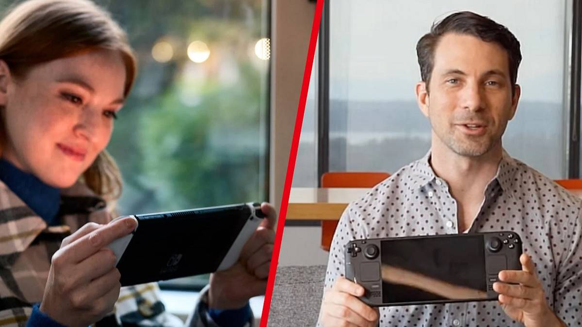 A picture showing a woman playing a Nintendo Switch on the left and a man playing the Steam Deck on the right.