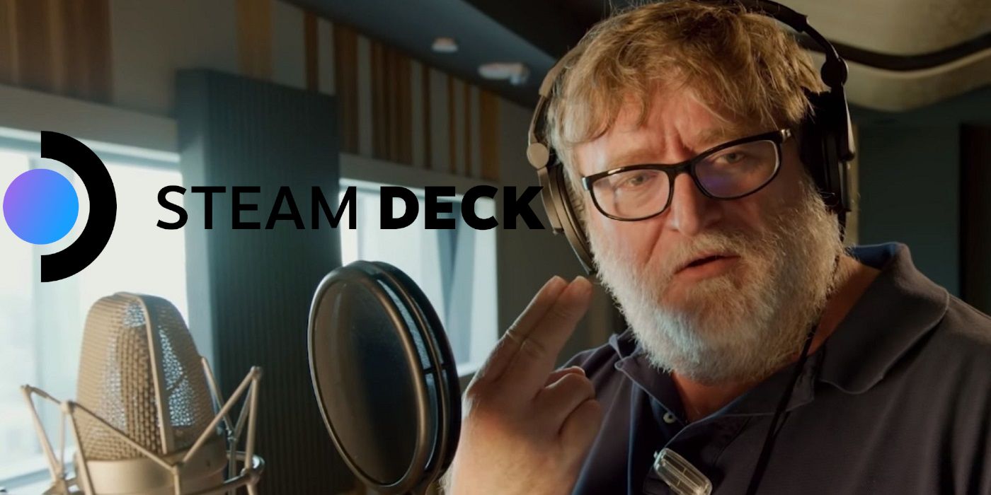A photo of Valve CEO Gabe Newell with the Steam Deck logo next to him.