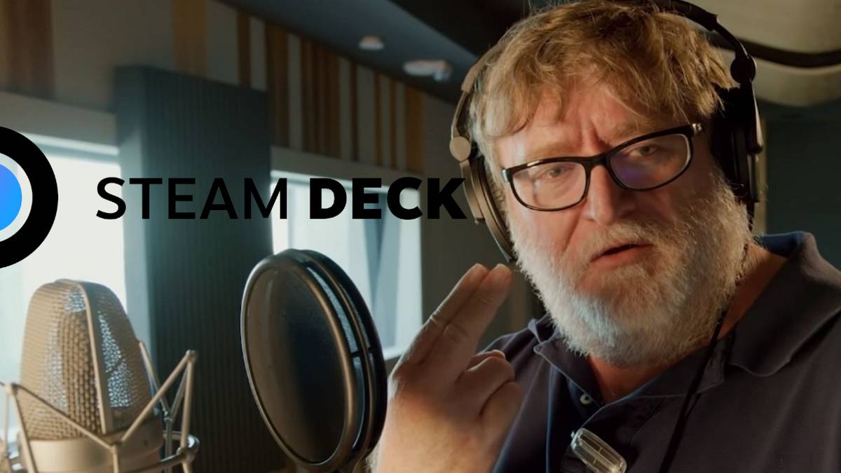 A photo of Valve CEO Gabe Newell with the Steam Deck logo next to him.
