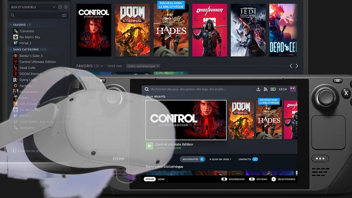 An image showing the Steam Deck and a Steam laptop with a ghostly Oculus Quest in the foreground.