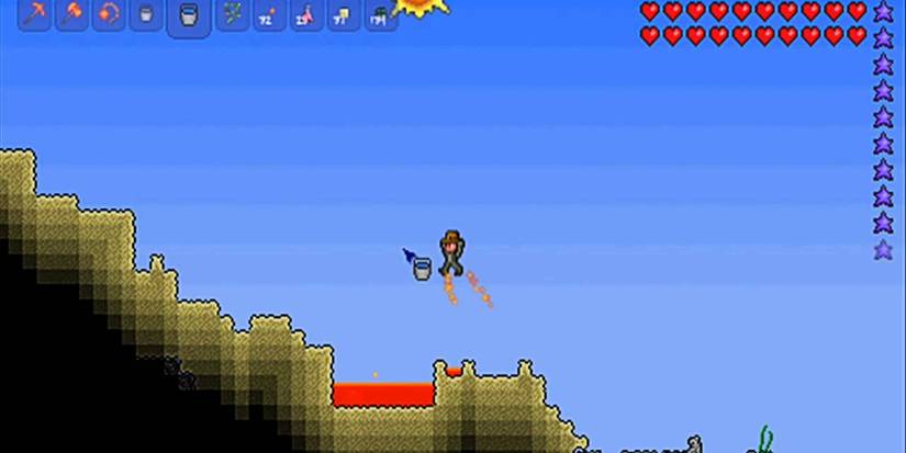player jumping over lava while holding a bucket of water.