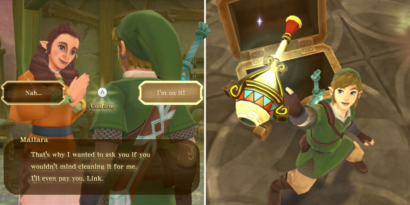 Initiating the Cleaning Pipit's House side quest in The Legend of Zelda: Skyward Sword HD