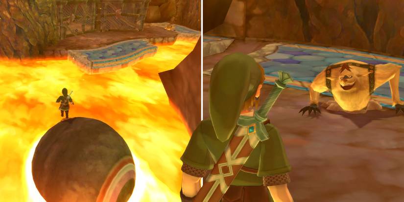 Riding the stone ball over to Ledd in the Earth Temple in The Legend of Zelda: Skyward Sword HD