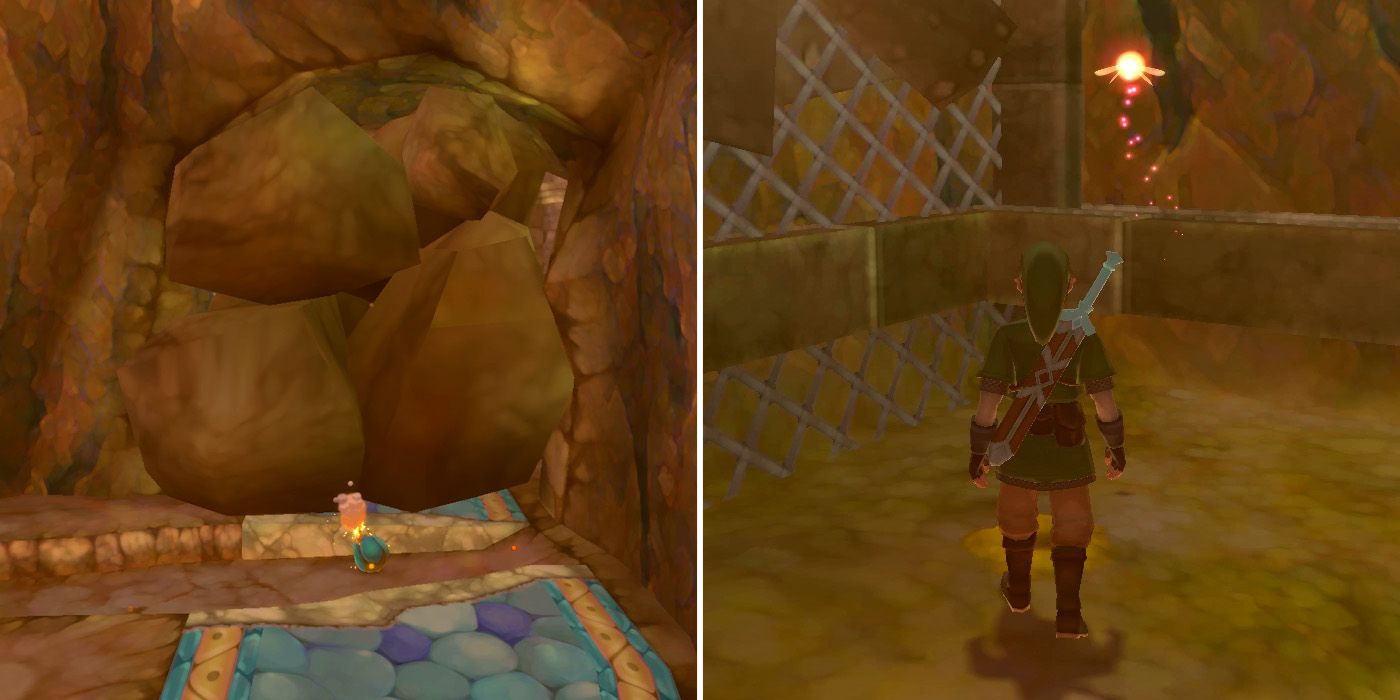 Destroying some stones with a bomb in the Earth Temple in The Legend of Zelda: Skyward Sword HD
