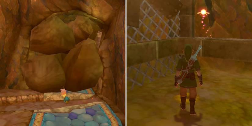 Destroying some stones with a bomb in the Earth Temple in The Legend of Zelda: Skyward Sword HD